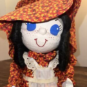 Paper Mache Pioneer Girl Matching Bonnet Flower Dress Black Hair Signed 1974